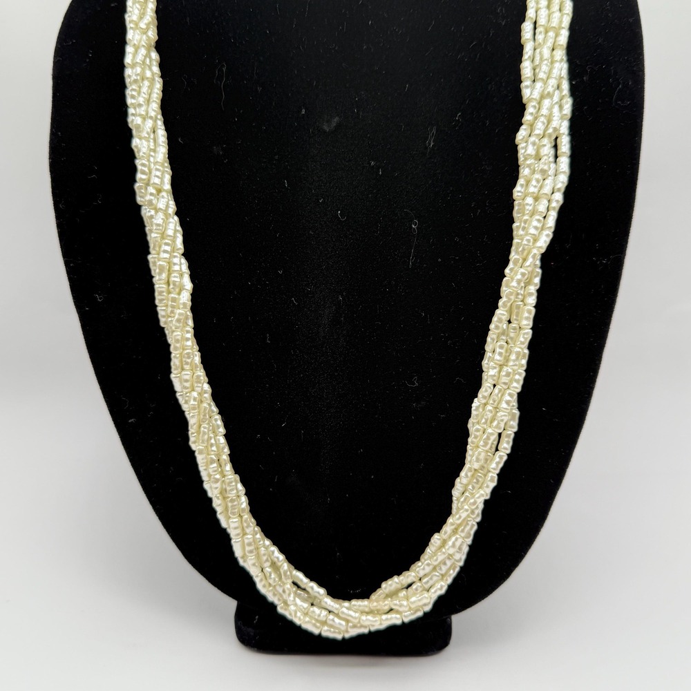 Vintage Long Multi Strand Faux Pearl White Plastic Seed Bead 29" Necklace